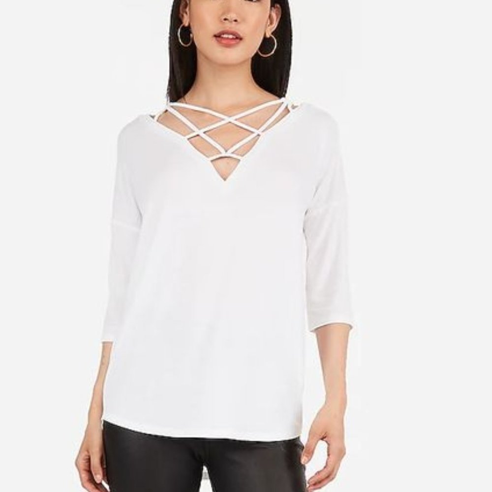 Express Strappy Front V-Neck White London Tee NWT